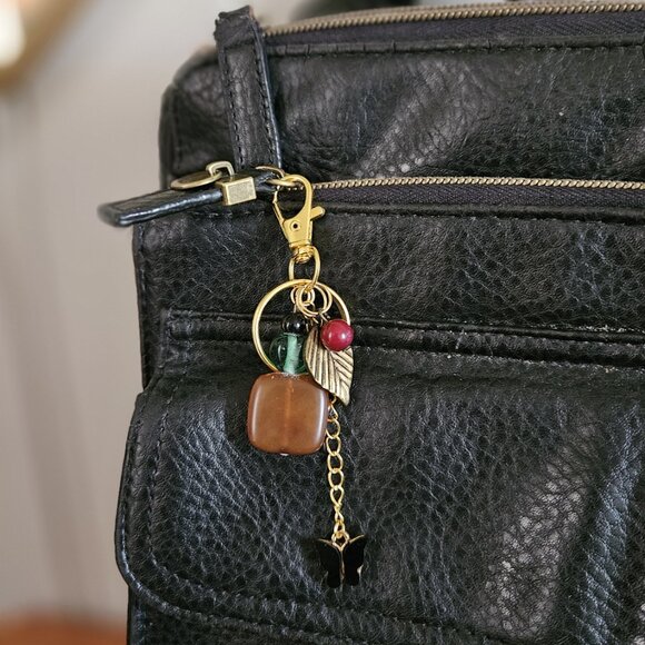 Brown Stone Beaded Keychain with Gold Leaf and Black Butterfly Charms - Picture 2 of 7